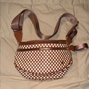 Brown and White Checkered Woven Bum Bag
